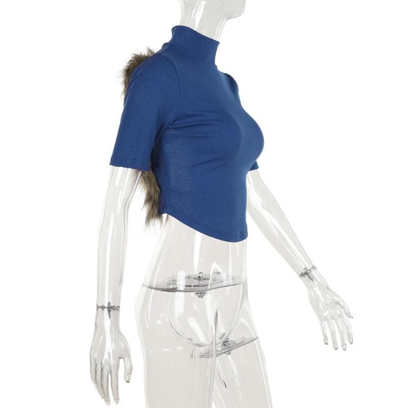 Short sleeve high neck fluffy backless top  | Festival Outfits Women