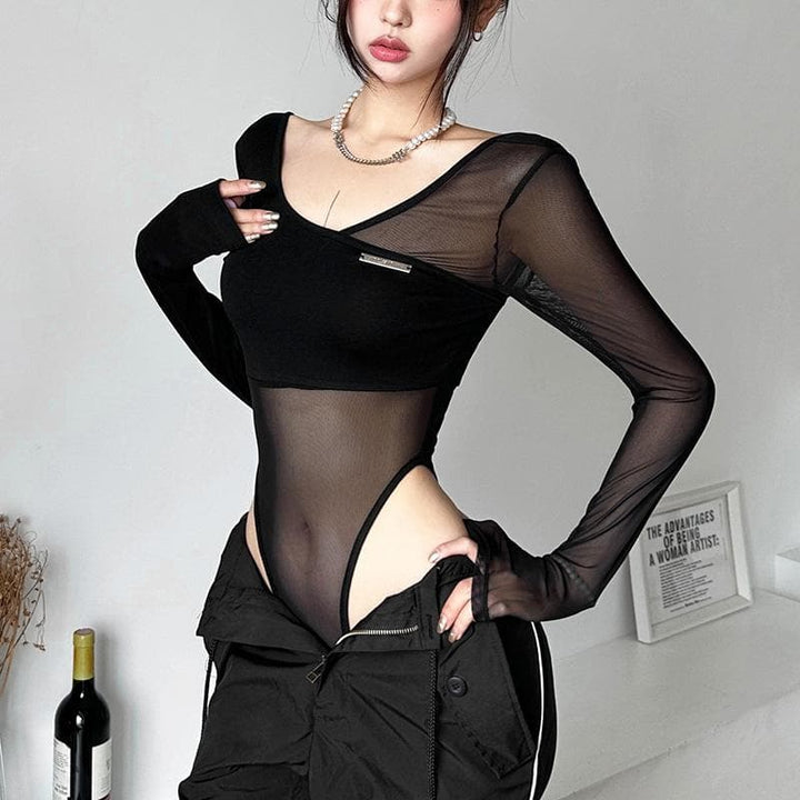 Long sleeve mesh metal tag patchwork bodysuit  | Festival Outfits Women
