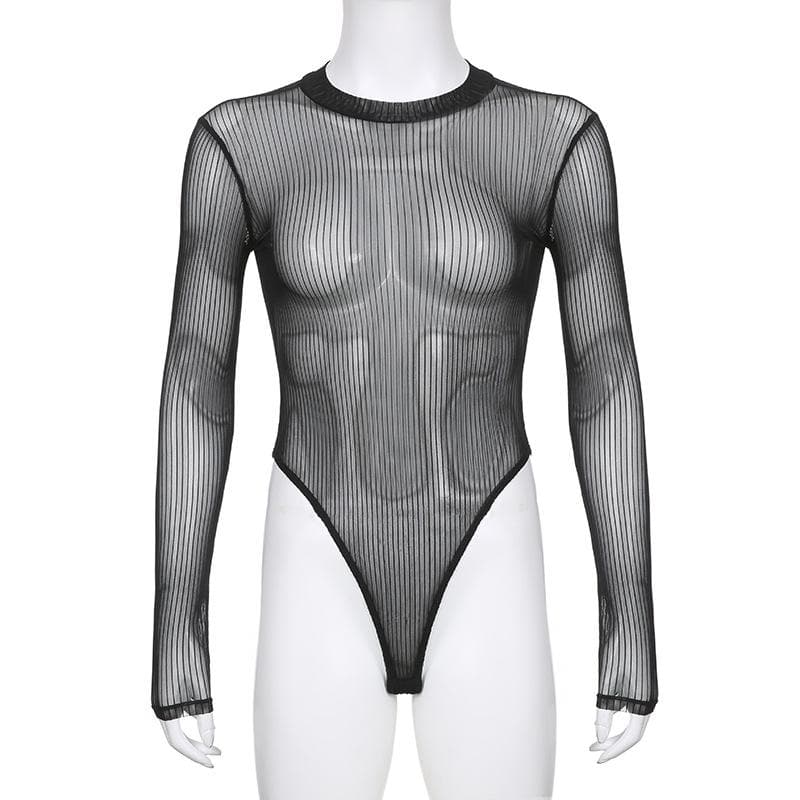 Long sleeve sheer mesh striped bodysuit  | Festival Outfits Women