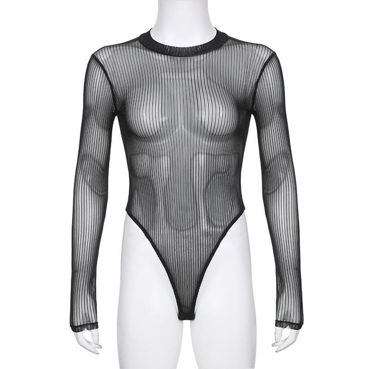 Long sleeve sheer mesh striped bodysuit  | Festival Outfits Women