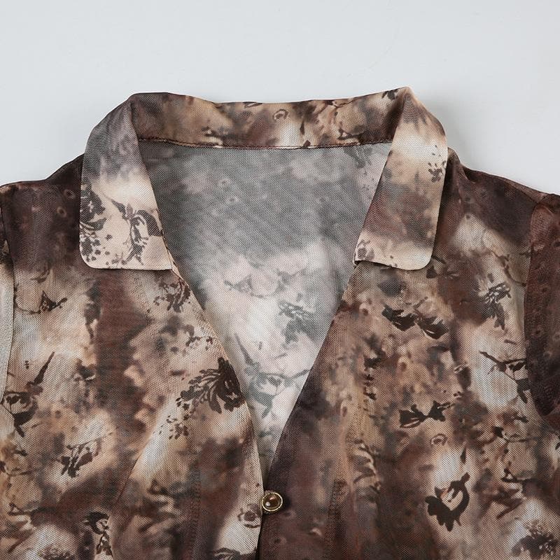 Short sleeve tie dye button sheer mesh top-final-sale