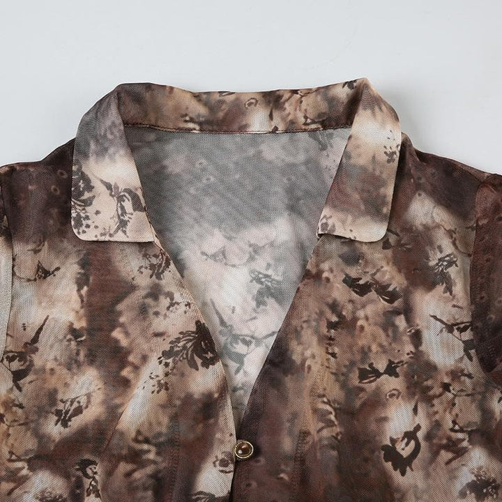 Short sleeve tie dye button sheer mesh top-final-sale