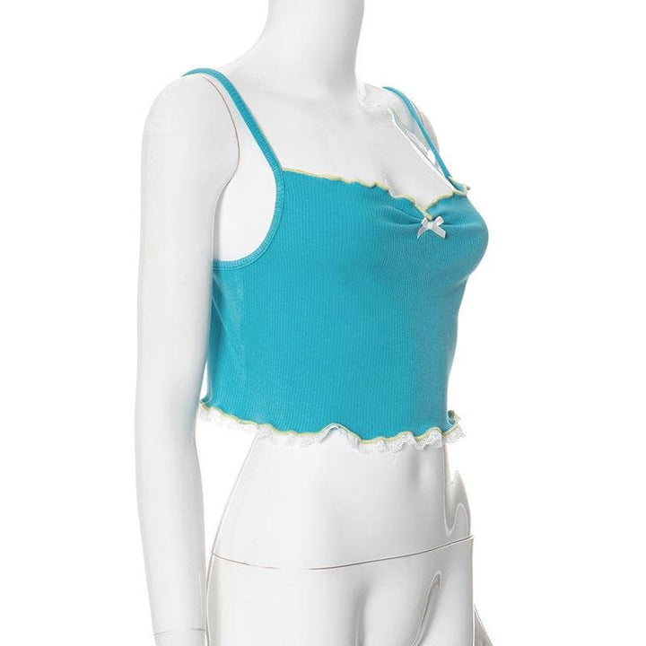 Lace hem ruffle bowknot ribbed cami crop top  | Festival Outfits Women