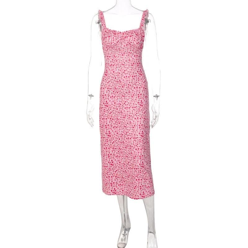 Flowers contrast print ruffle ruched square neck backless cami midi dress-final-sale