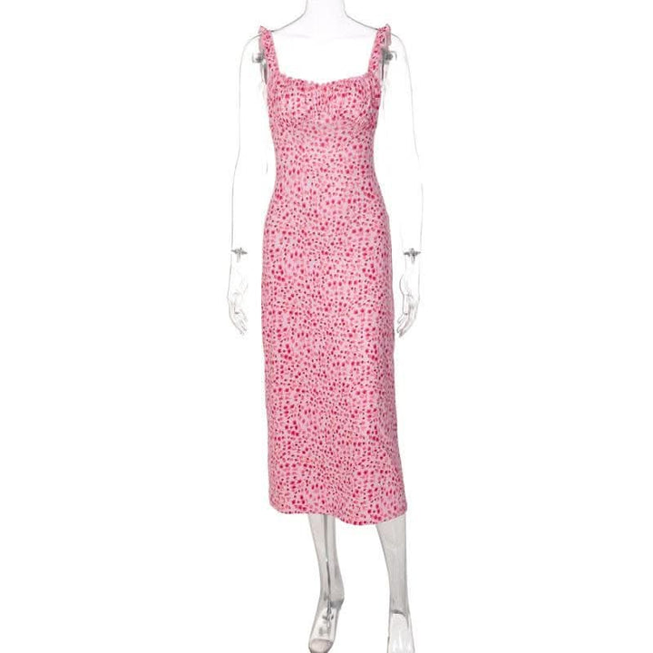 Flowers contrast print ruffle ruched square neck backless cami midi dress-final-sale
