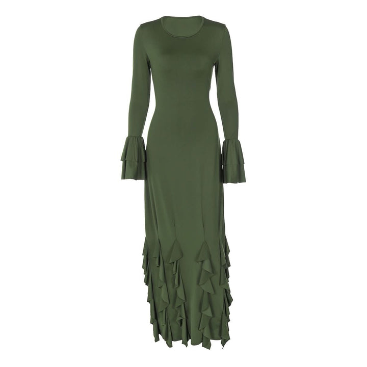 Long flared sleeve crewneck ruffle self tie maxi dress  | Festival Outfits Women