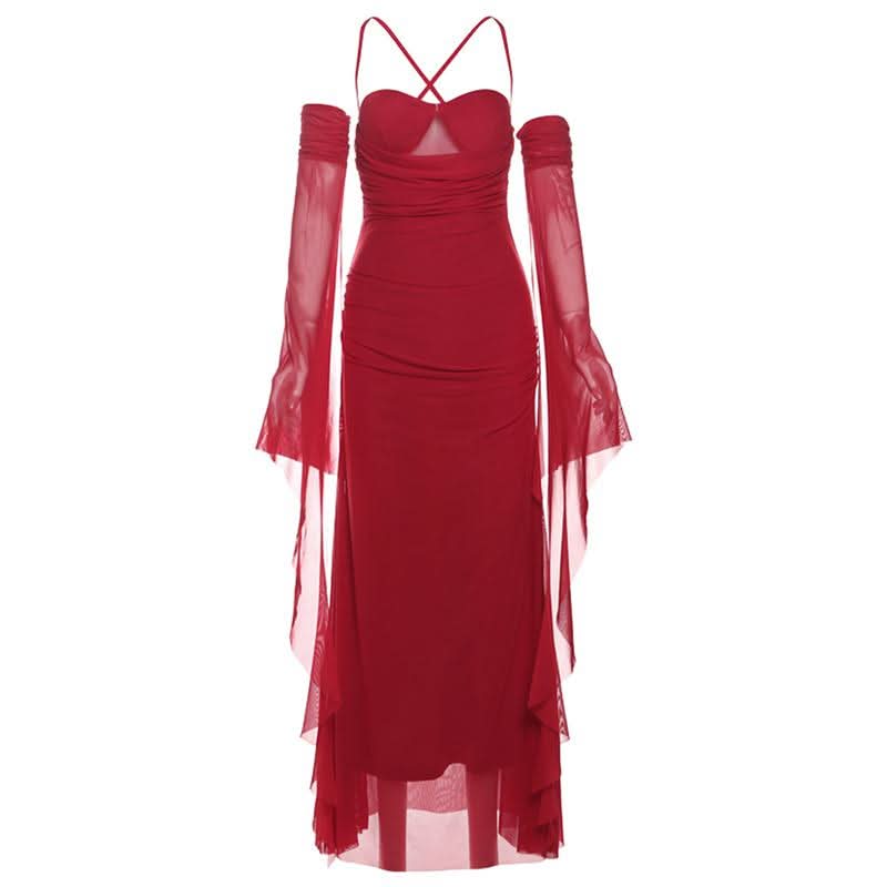 Cross back ruched gloves mesh cami maxi dress  | Festival Outfits Women