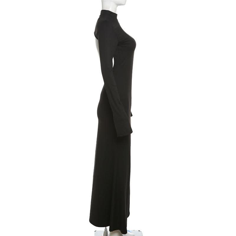 Backless high neck long sleeve solid maxi dress-final-sale  | Festival Outfits Women