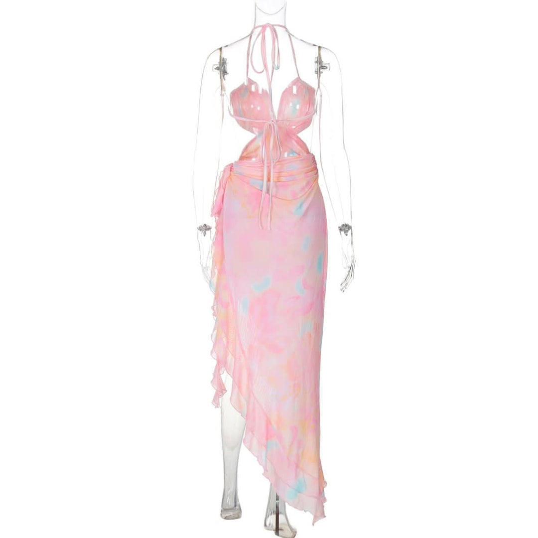 Halter flower applique ruffle backless slit maxi dress-final-sale