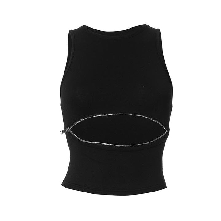 Crewneck zip-up hollow out solid tank cut out top-final-sale