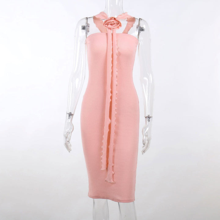 Ribbed solid slit flower applique ribbon ruffle midi dress-final-sale  | Festival Outfits Women