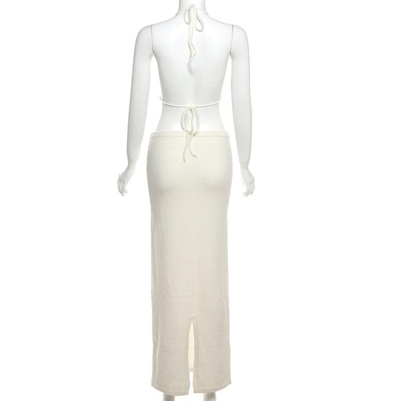 Halter self tie flower applique slit backless mini skirt set  | Festival Outfits Women