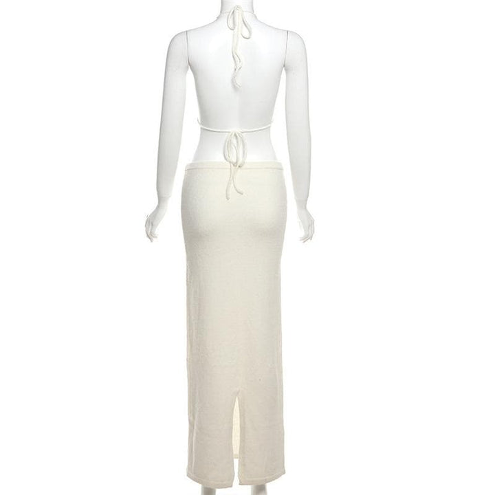 Halter self tie flower applique slit backless mini skirt set  | Festival Outfits Women