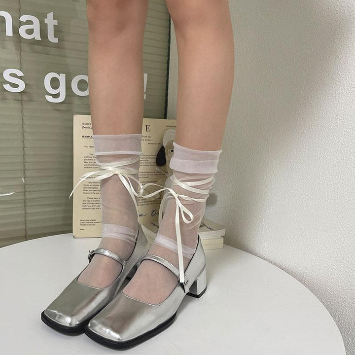 Sheer mesh ribbon contrast socks  | Festival Outfits Women
