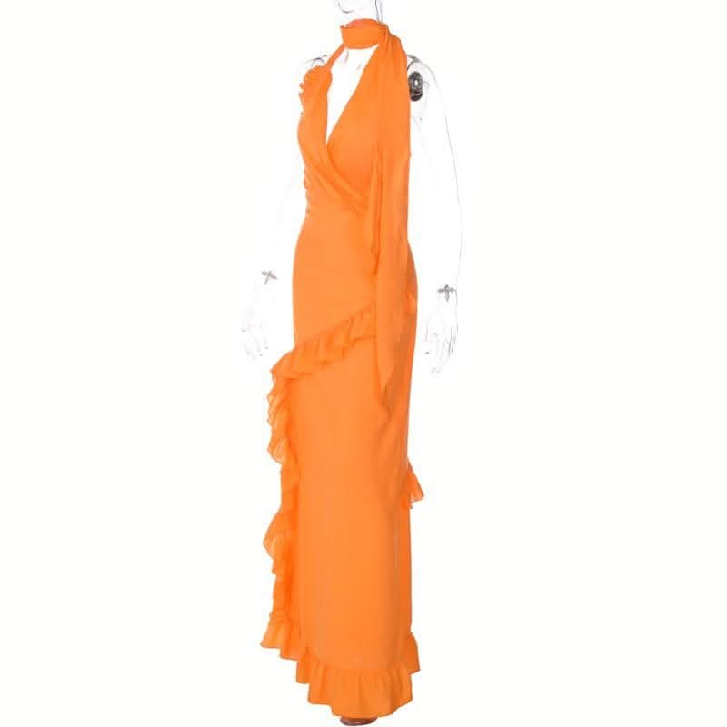 Halter v neck backless ruffle zip-up solid maxi dress-final-sale  | Festival Outfits Women
