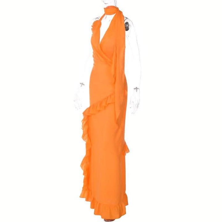 Halter v neck backless ruffle zip-up solid maxi dress-final-sale  | Festival Outfits Women