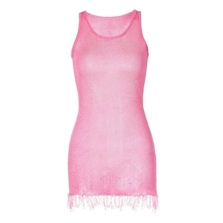 Sleeveless u neck tassels knitted mini dress  | Festival Outfits Women
