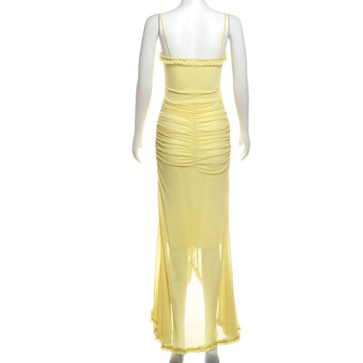 Mesh ruffle solid backless cami maxi dress  | Festival Outfits Women