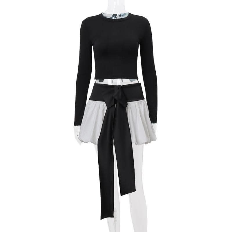 Long sleeve crewneck bowknot lace up ribbon ruched mini skirt set-final-sale  | Festival Outfits Women