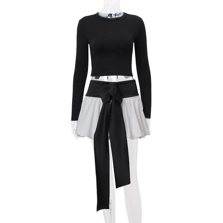Long sleeve crewneck bowknot lace up ribbon ruched mini skirt set-final-sale  | Festival Outfits Women