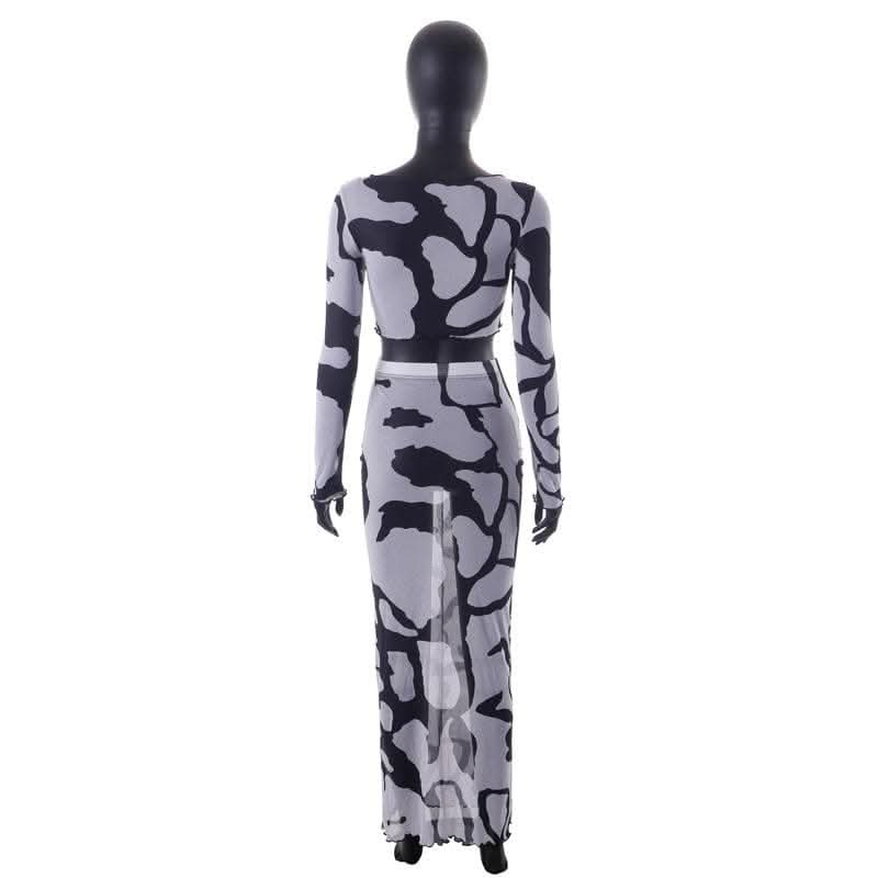 Sheer mesh see through long sleeve stitch contrast maxi skirt set-final-sale  | Festival Outfits Women