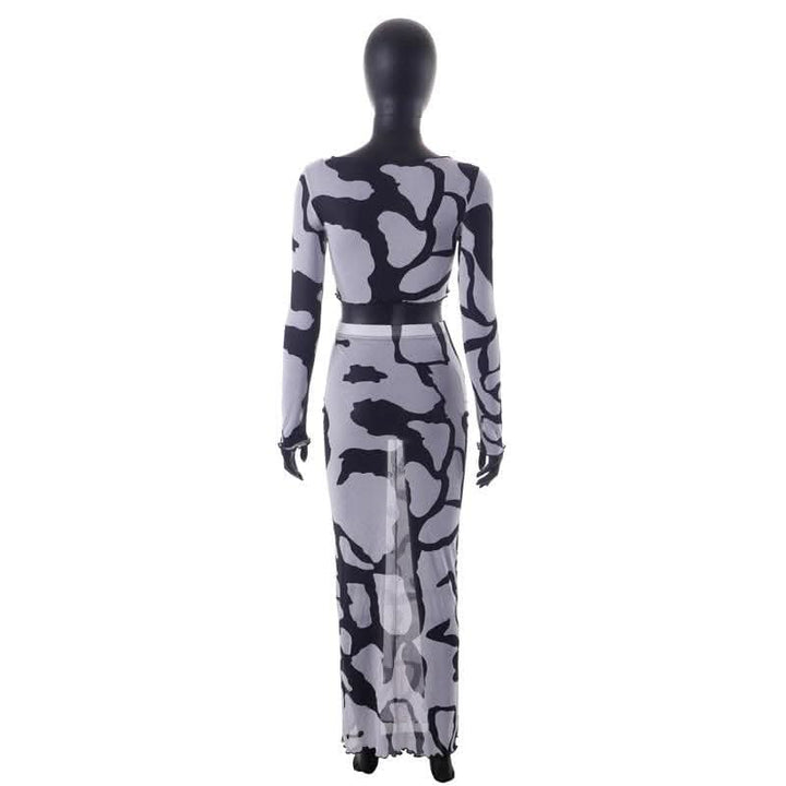 Sheer mesh see through long sleeve stitch contrast maxi skirt set-final-sale  | Festival Outfits Women