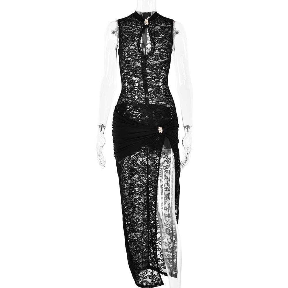 Lace ruched see through hollow out high slit cut out maxi dress  | Festival Outfits Women