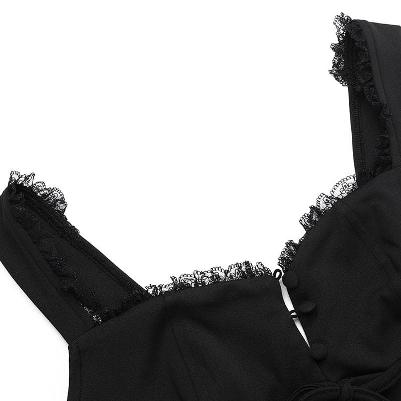 Lace hem button bowknot cami mini dress  | Festival Outfits Women