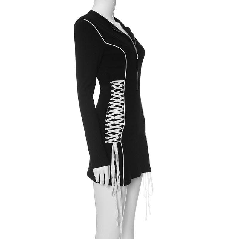 Crewneck long sleeve zip-up lace up contrast mini dress-final-sale  | Festival Outfits Women