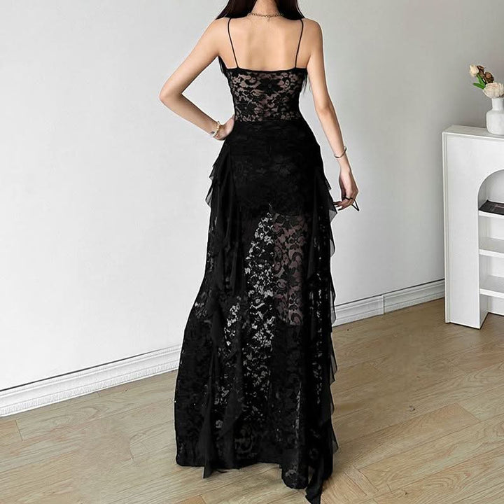 Hollow out v neck lace slit spaghetti strap cut out maxi dress  | Festival Outfits Women