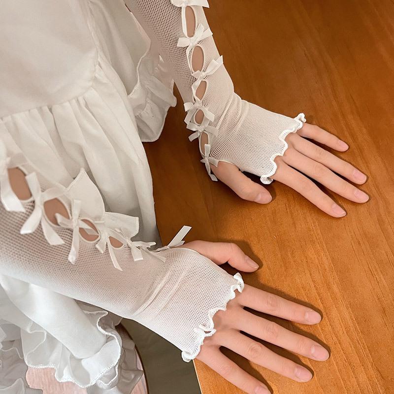 Mesh hollow out bowknot ruffle gloves  | Festival Outfits Women