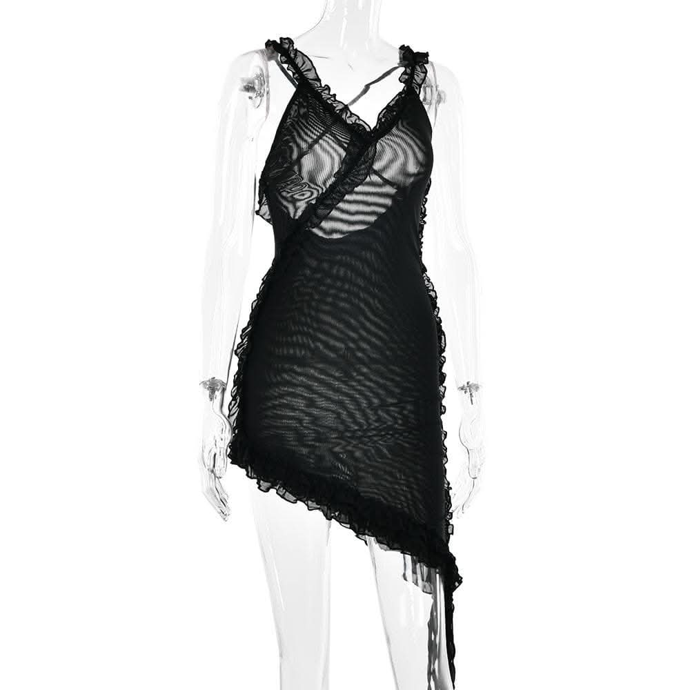 Sheer mesh see through ruffle solid cross back irregular mini dress-final-sale  | Festival Outfits Women