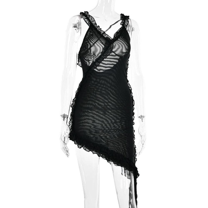 Sheer mesh see through ruffle solid cross back irregular mini dress-final-sale  | Festival Outfits Women
