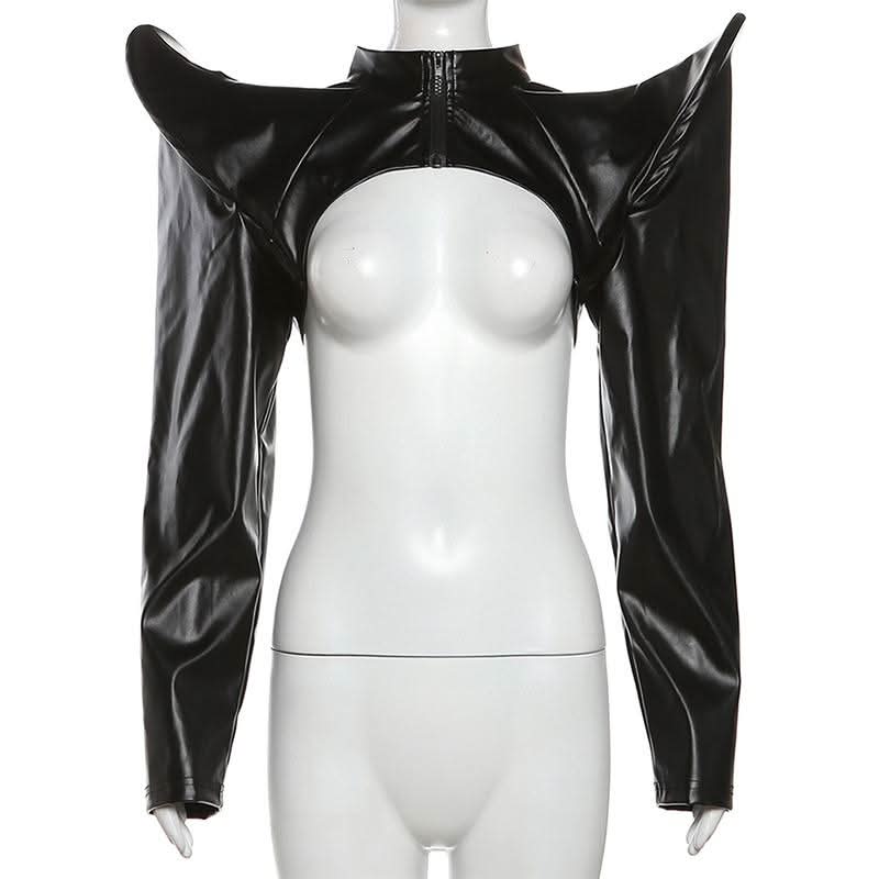 PU leather long sleeve zip-up crop top  | Festival Outfits Women