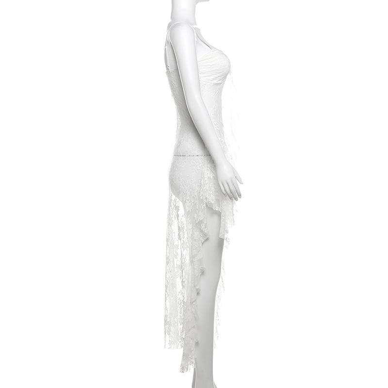 Sweetheart neck lace ruffle see through cami midi dress  | Festival Outfits Women