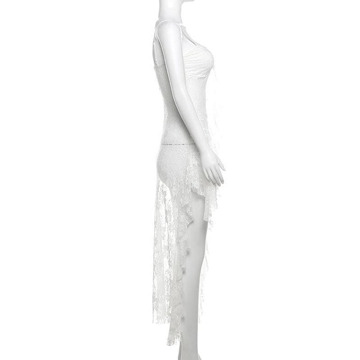 Sweetheart neck lace ruffle see through cami midi dress  | Festival Outfits Women
