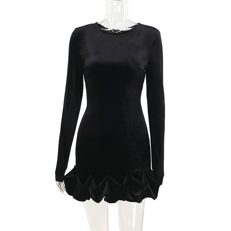 Long sleeve crewneck velvet ruffle mini dress  | Festival Outfits Women