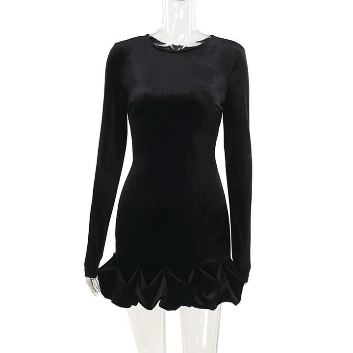 Long sleeve crewneck velvet ruffle mini dress  | Festival Outfits Women