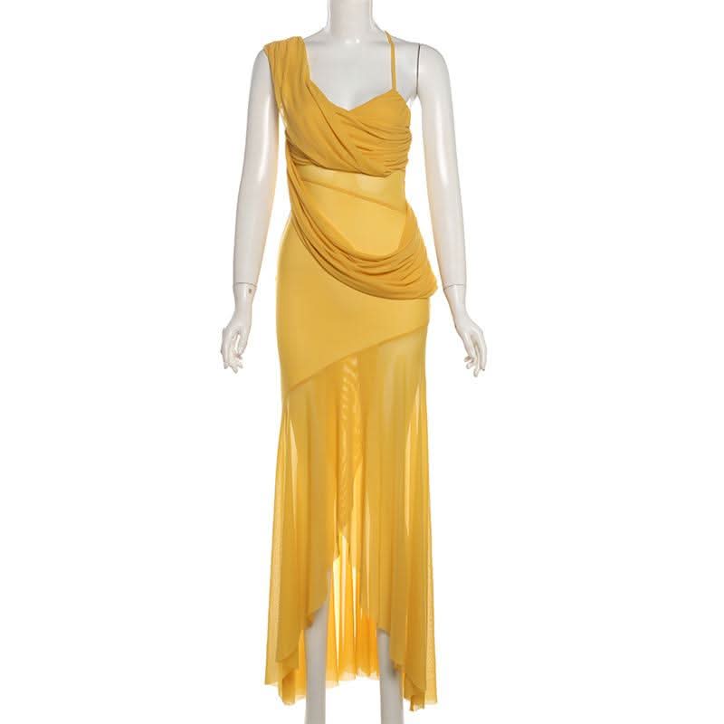 Irregular mesh v neck ruched solid cami maxi dress  | Festival Outfits Women