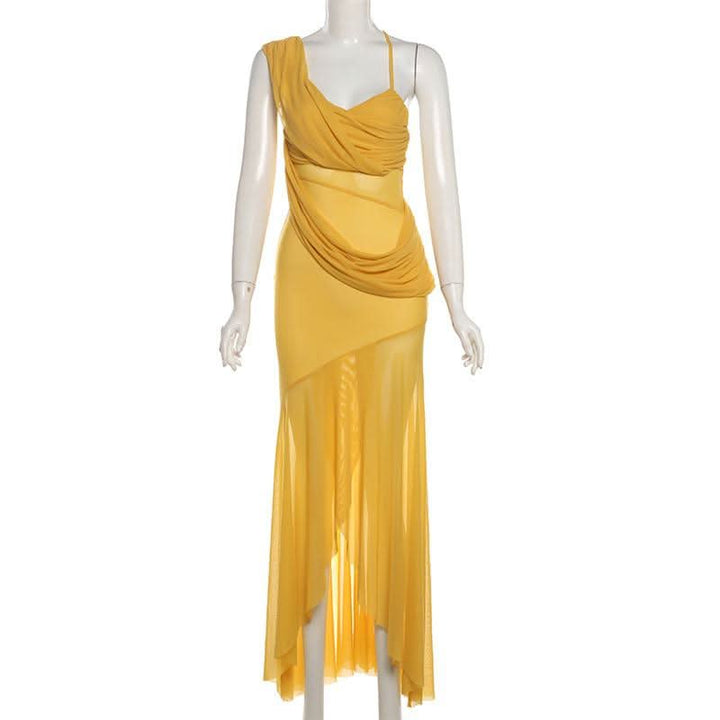 Irregular mesh v neck ruched solid cami maxi dress  | Festival Outfits Women