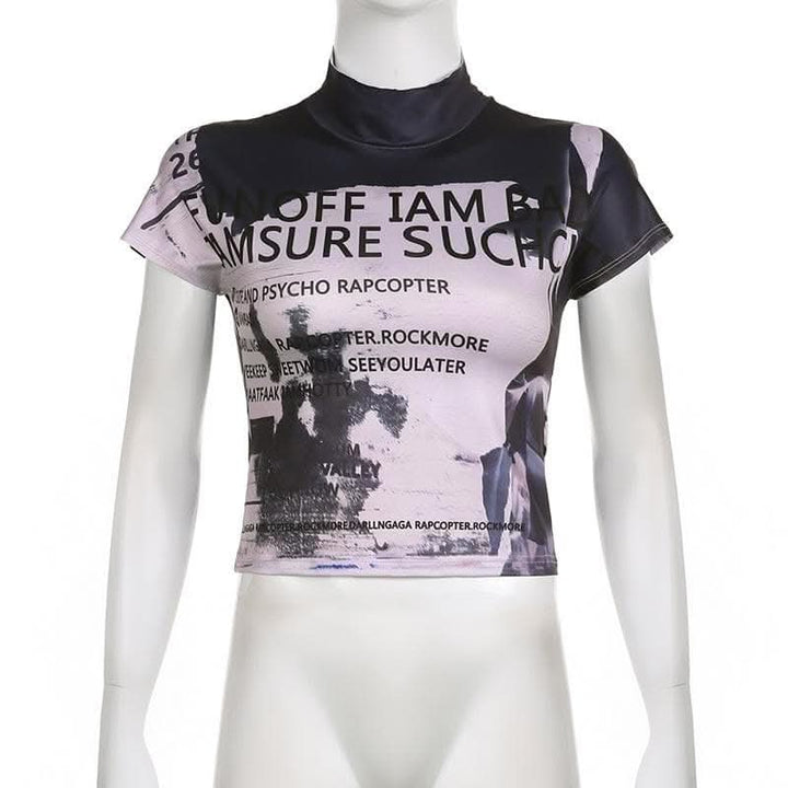 High neck short sleeve letter print contrast top-final-sale  | Festival Outfits Women