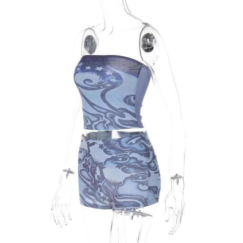 Abstract print backless contrast tube pant set-final-sale