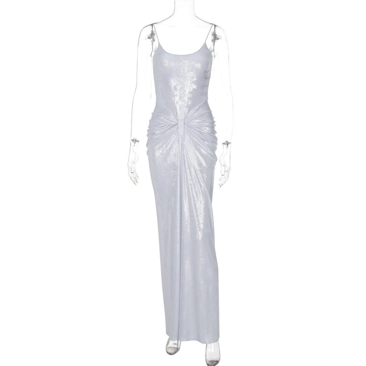 U neck metallic ruched backless cami maxi dress  | Festival Outfits Women
