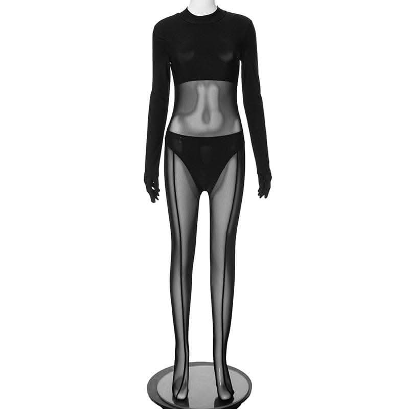 Gloves long sleeve mesh patchwork solid zip-up jumpsuit-final-sale  | Festival Outfits Women