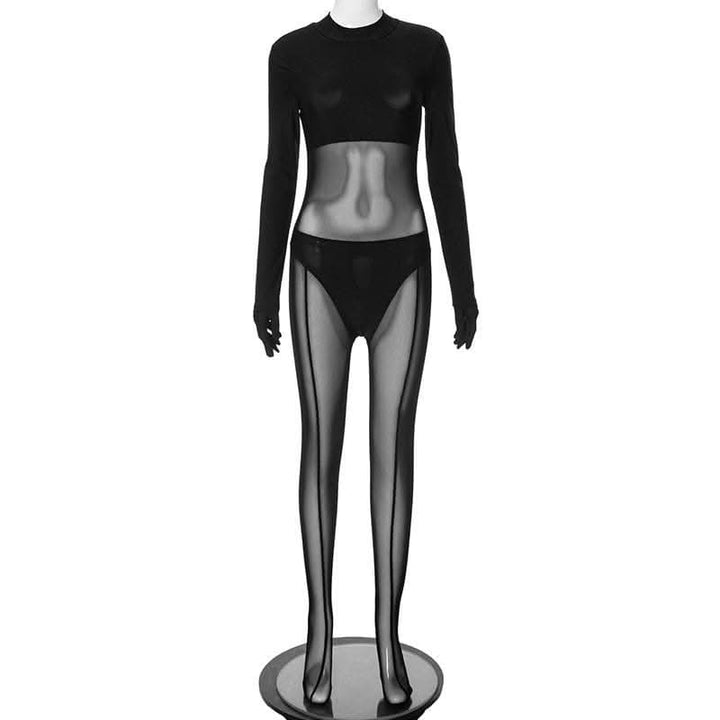 Gloves long sleeve mesh patchwork solid zip-up jumpsuit-final-sale  | Festival Outfits Women