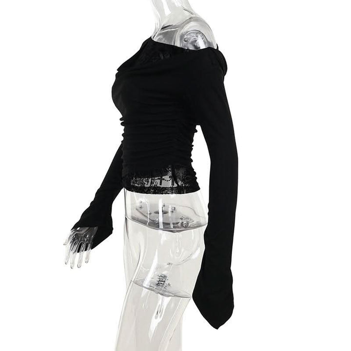 Off shoulder long flared sleeve mesh patchwork top  | Festival Outfits Women
