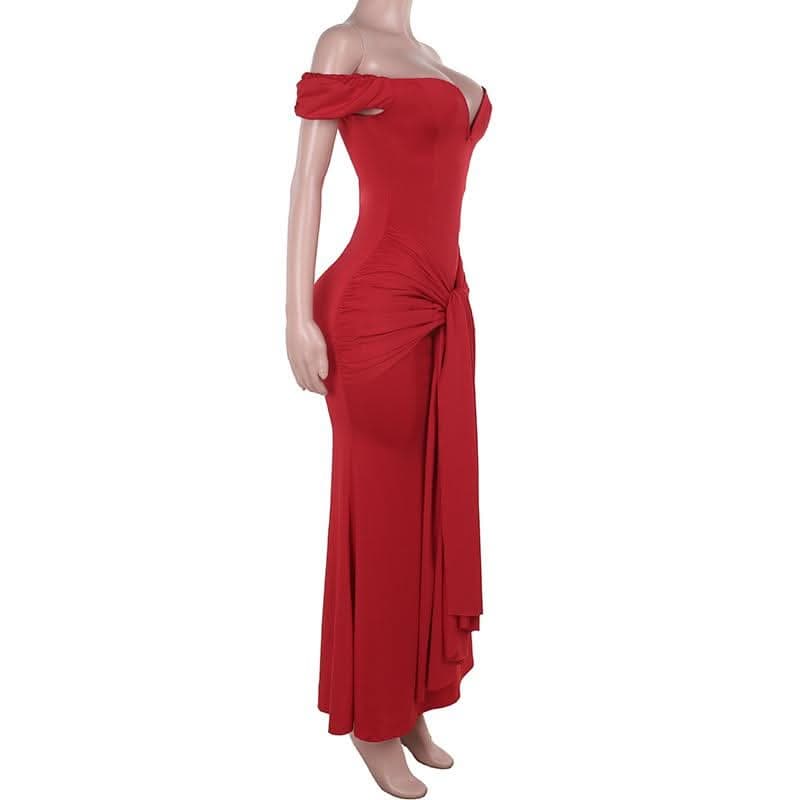 Off shoulder ruched knotted zip-up maxi dress-final-sale  | Festival Outfits Women