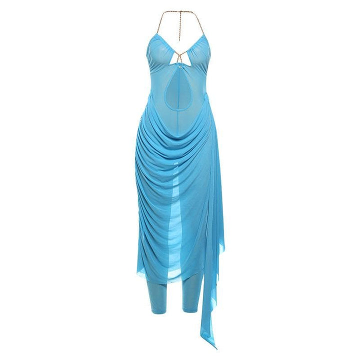 Metal chain halter ruched sheer mesh hollow out cut out maxi dress  | Festival Outfits Women