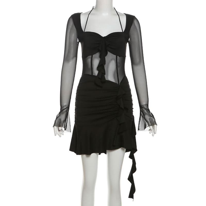Long sleeve halter mesh ruched ruffle mini dress  | Festival Outfits Women