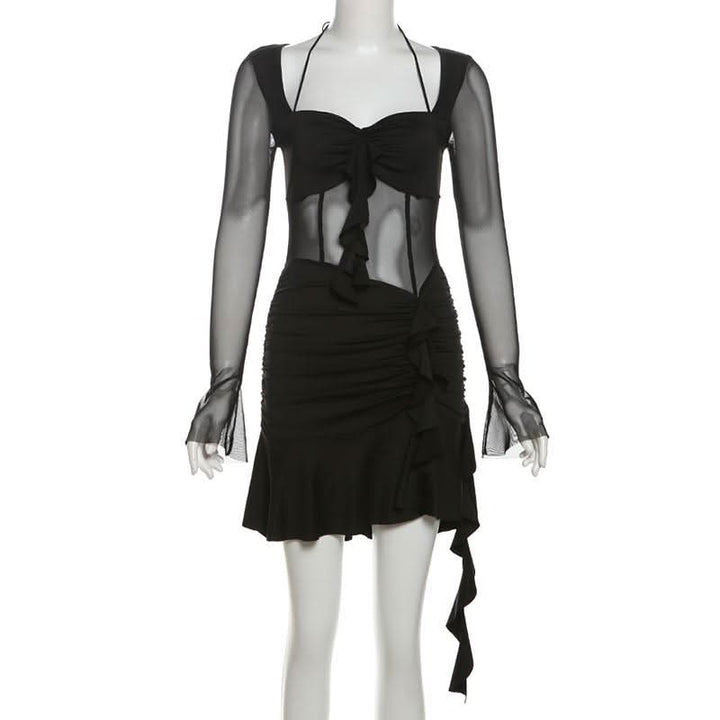 Long sleeve halter mesh ruched ruffle mini dress  | Festival Outfits Women